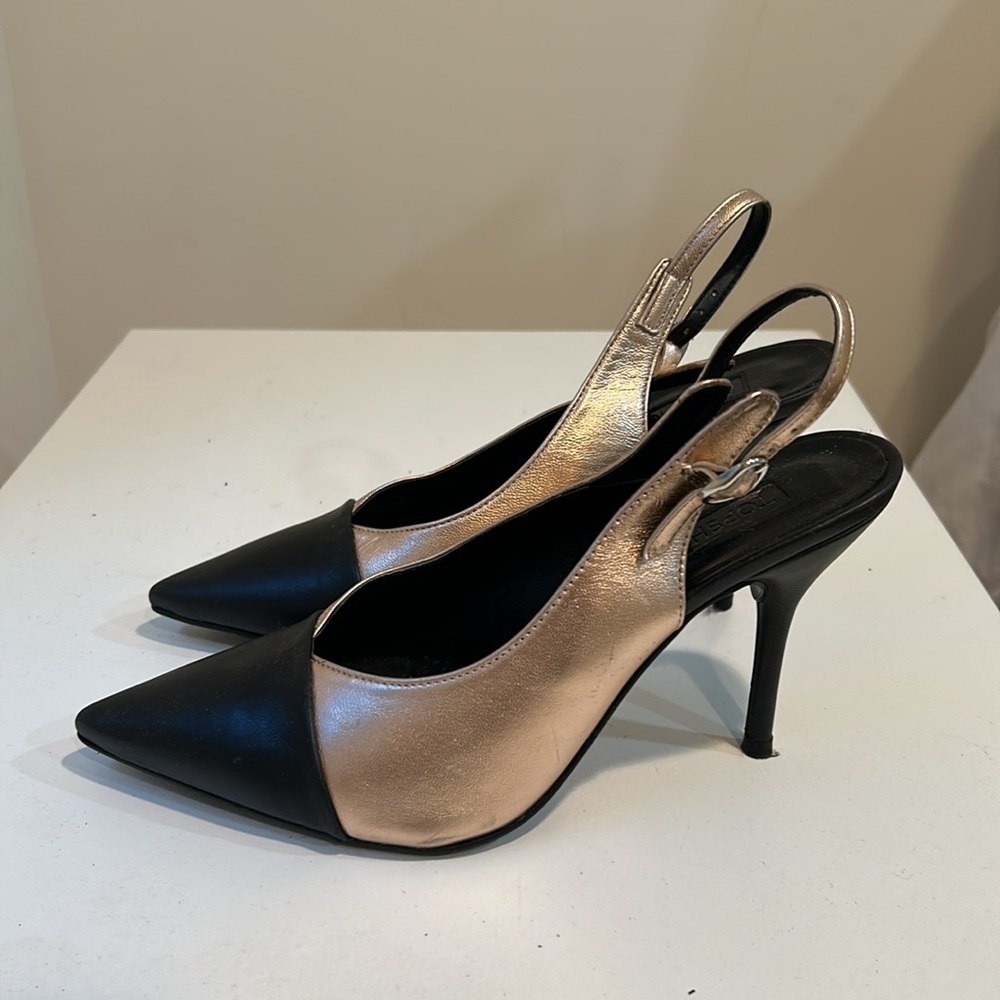 Topshop rose gold metallic & matte black faux leather slingback pointy toe heels
